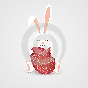 Happy Easter. Easter Rabbit bunny with realistic big egg with spots isolated on gray background. Cute, funny cartoon