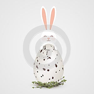 Happy Easter. Easter Rabbit bunny with realistic big egg with spots isolated on gray background. Cute, funny cartoon