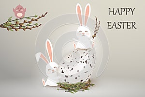 Happy Easter. Easter Rabbit Bunny with realistic egg on gray gackground. Cute, funny cartoon rabbits character with