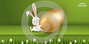 Happy Easter. Easter Rabbit Bunny with realistic gold egg, grass, flowers on green background. Cute, funny cartoon