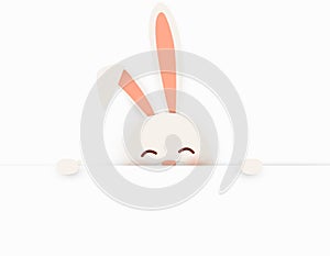 Happy Easter. Easter Rabbit Bunny standing behind a blank sign, showing on big blank sign. Cute, funny cartoon rabbit