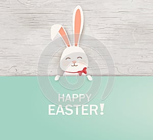 Happy Easter. Easter Rabbit Bunny standing behind a blank sign, showing on big sign. Happy smiling Cute, funny cartoon