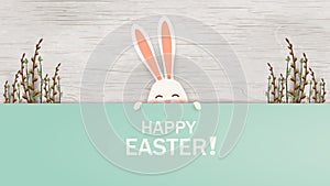 Happy Easter. Easter Rabbit Bunny standing behind a blank sign, showing on big sign. Smiling Cute, funny cartoon rabbit
