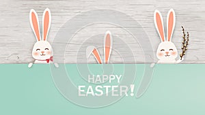 Happy Easter. Easter Rabbit Bunny standing behind a blank sign, showing on big sign. Smiling Cute, funny cartoon rabbit