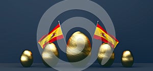 Happy Easter, Easter Spain. Background with gold eggs and flag Spain. 3D work and 3D image. copy space