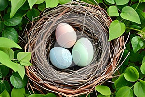 Happy easter easter tablecloth Eggs Placid Basket. White easter party supply Bunny floral arrangement. lavender background