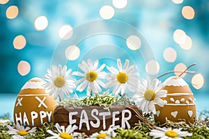 Happy easter easter tablecloths Eggs Pastel periwinkle blue Basket. White blessing Bunny Eggshell cracking. fairy tale background