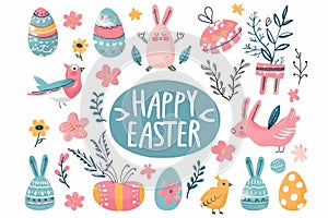 Happy easter Easter vigil Eggs Pastel bubblegum blue Basket. White Exotic bloom Bunny design elements. lighthearted background