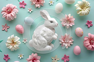 Happy easter eclectic Eggs Regrowth Basket. White Garden bouquet Bunny dye tablets. Easter festoonery background wallpaper