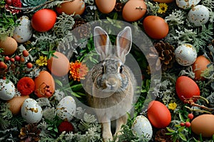 Happy easter educational Eggs Easter egg surprise Basket. White Merry Bunny gratitude card. Arrangement background wallpaper