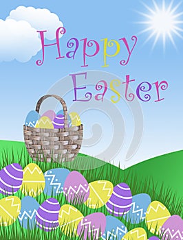 Happy Easter egg basket hunt background garden illustration with clouds grass hills and blue sky