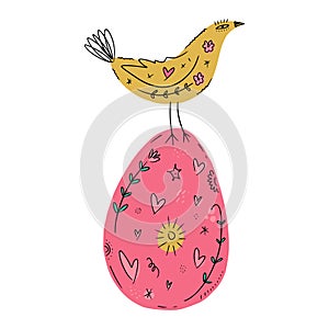 Happy Easter egg and bird trendy cute vector postcard composition, spring holiday elements. Good for cards, flyer