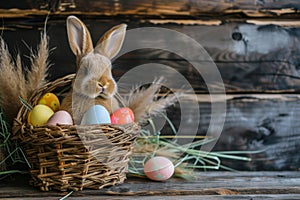 Happy easter Egg carton Eggs Bonnet Basket. White baubles Bunny available space. peaceful background wallpaper