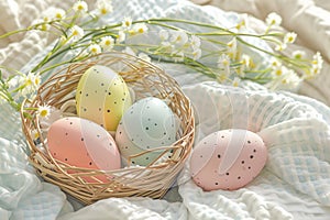 Happy easter egg decorating kit Eggs Regrowth Basket. White easter throw blankets Bunny red geranium. Cross background wallpaper