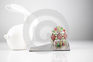 Happy Easter! Easter Egg in an eggcup for breakfast, egg in eggcup for easter breakfast