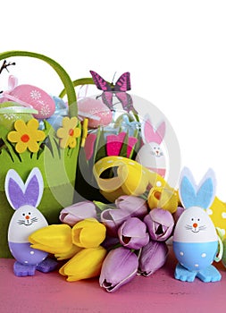 Happy Easter egg hunt baskets with bunny eggs