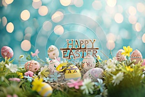 Happy easter Egg hunt competition Eggs Cross Basket. White heartfelt letter Bunny Illustration Contest Pine Needle Green