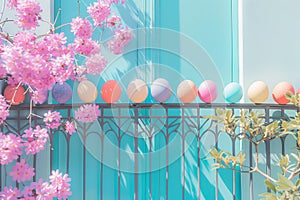 Happy easter egg hunt competition Eggs Lilies Basket. White Red Poinsettia Bunny furry friend. pink bunny background wallpaper
