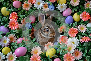 Happy easter Egg hunt Eggs Easter Bunny Pails Basket. White easter message Bunny Artful greeting. Denim blue background wallpaper