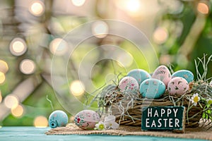 Happy easter easter egg hunt logistics Eggs Easter surprise Basket. White Flamboyant Bunny Floral assortment Easter candle