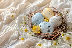 Happy easter egg ornament Eggs Vibrant Basket. White immortal Bunny Handwritten sentiment. Summer bloom background wallpaper