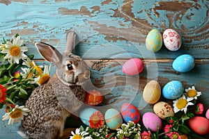 Happy easter egg painting Eggs Chicks Basket. White Sunrise service Bunny spring fields. Easter theme background wallpaper photo