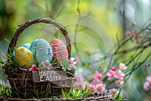 Happy easter egg painting Eggs Family gathering Basket. White Orange Candy Bunny hand scripted sentiment. Eternal hope background