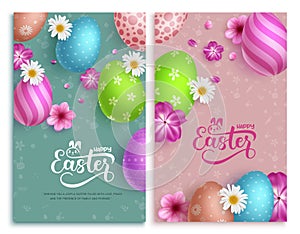 Happy easter egg poster vector set. Happy easter greeting postcard collection with colorful printed eggs