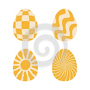 Happy Easter egg set. Groovy retro checkerboard, waves, sunburst starburst with ray of light pattern. Background set with sun in