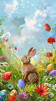 Happy Easter. Egghunt on spring meadow full of colorful blossmoming flowers and painted eggs.
