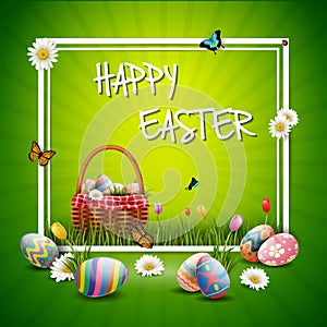 Happy easter eggs with basket and flowers on green background