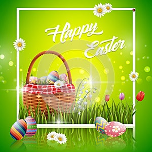 Happy easter eggs with basket and flowers on green background