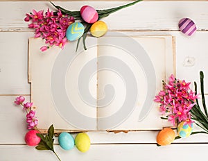 Happy Easter Eggs Card with open book and blank paper pages with room or space for copy, text, wording, all on shabby chic shiplap