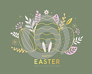 Happy Easter eggs with floral decorative elements and rabbit ears. Flat style. Modern Easter background. Greeting card or poster.