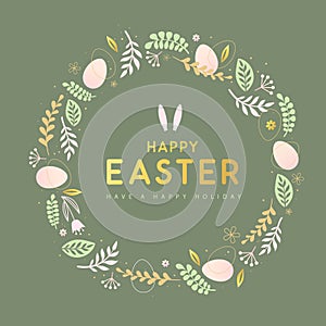 Happy Easter eggs with floral decorative elements and rabbit ears. Flat style. Modern Easter background. Greeting card or poster.