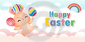 Happy Easter eggs poster, Little Rabbit Bunny cartoon with greeting card. Easter day festival background banner template isolated
