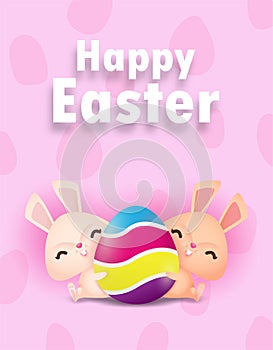 Happy Easter eggs poster, Little Rabbit Bunny cartoon with greeting card. Easter day festival background banner template isolated