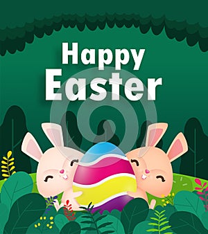 Happy Easter eggs poster, Little Rabbit Bunny cartoon with greeting card. Easter day festival background banner template isolated