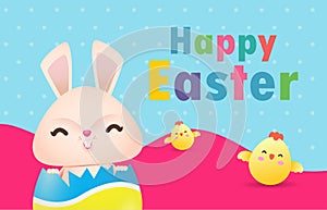 Happy Easter eggs poster, Little Rabbit Bunny cartoon with greeting card. Easter day festival background banner template isolated