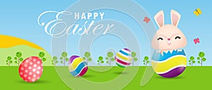 Happy Easter eggs poster, Little Rabbit Bunny cartoon with greeting card. Easter day festival background banner template isolated