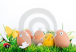 Happy Easter eggs in a row among the spring grass with flowers on an isolated white background, frame, border, egg characters with