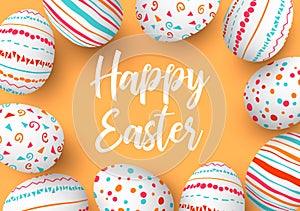 Happy Easter eggs in a row with text. Colorful easter eggs in circle on golden background. hand font.