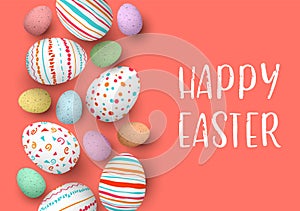 Happy Easter eggs in a row with text. Colorful easter eggs on coral background. hand font. Scandinavian ornaments