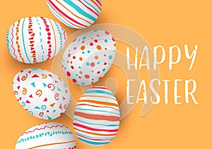 Happy Easter eggs in a row with text. Colorful easter eggs on golden background.