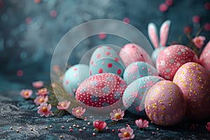 Happy easter happy easter Eggs Seasonal treats Basket. White pink Bunny Tropical blossom. Rose Bloom background wallpaper