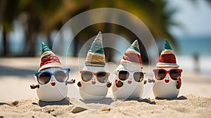 Happy easter eggs with sunglasses on ocean beach