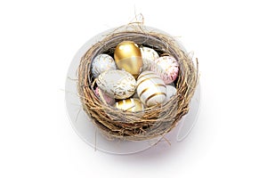 Happy Easter eggs white background. Golden shine decorated eggs in basket, for greeting card, promotion, poster