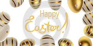 Happy Easter eggs white background. Golden shine decorated eggs falling in shape frame. For greeting card, promotion