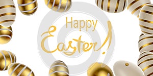 Happy Easter eggs white background. Golden shine decorated eggs falling in shape frame. For greeting card, promotion