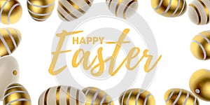 Happy Easter eggs white background. Golden shine decorated eggs falling in shape frame. For greeting card, promotion